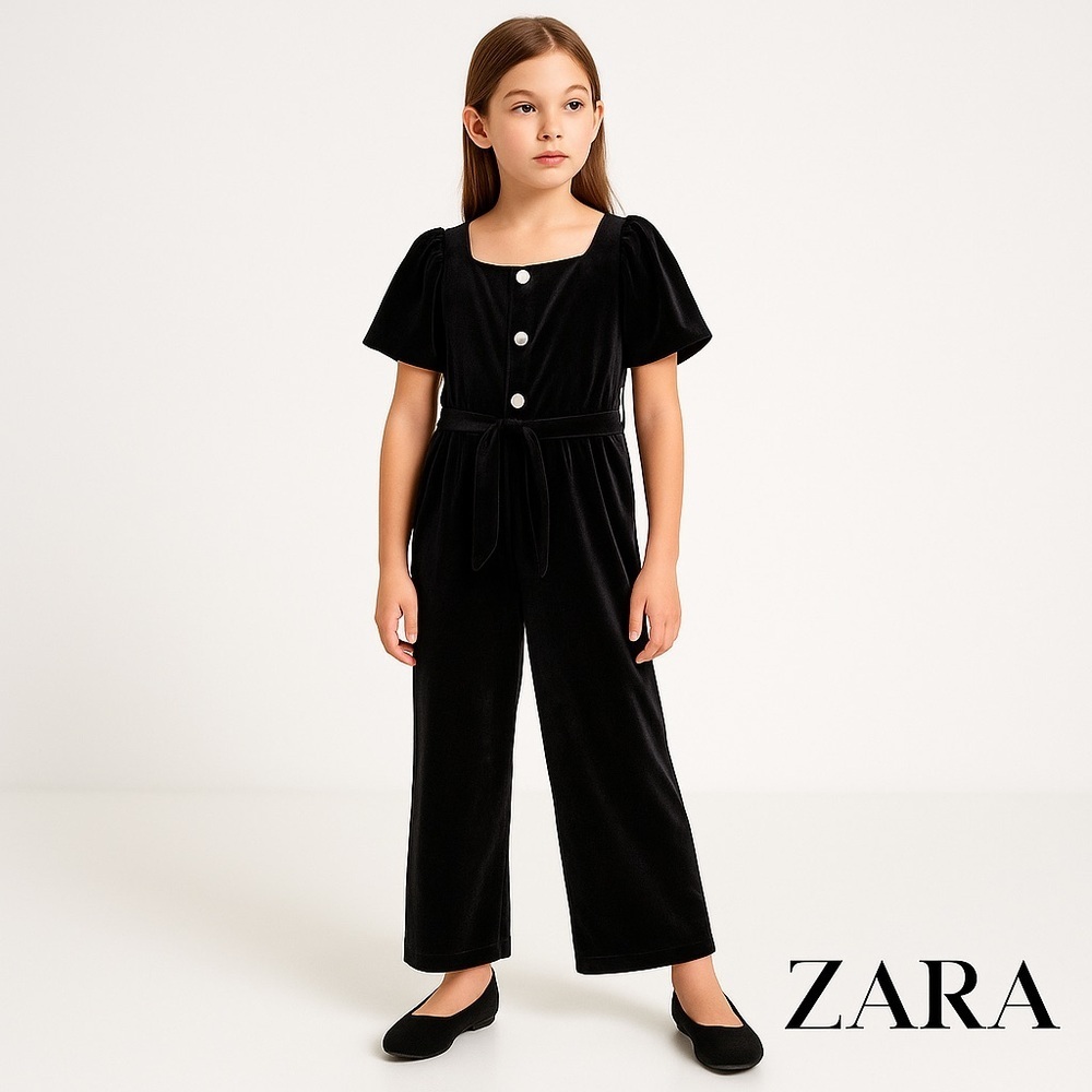 ZARA Girls Black Velvet Wide Leg Jumpsuit NWT Size 9 - Picture 6 of 6